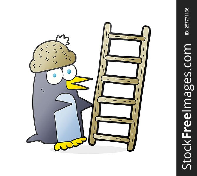 freehand drawn cartoon penguin with ladder