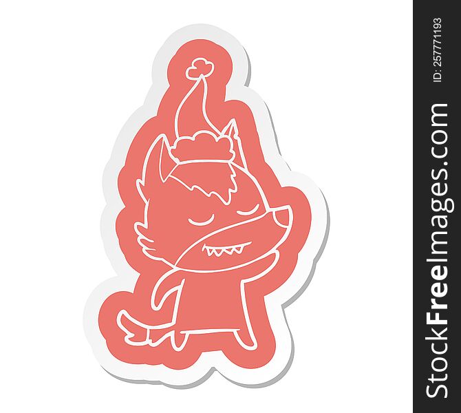 Friendly Cartoon  Sticker Of A Wolf Wearing Santa Hat