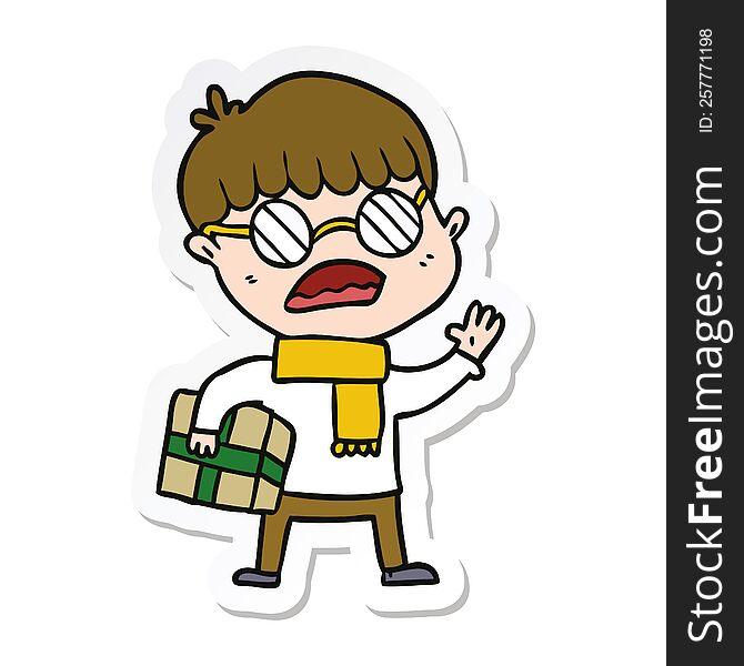 sticker of a cartoon boy holding gift and wearing spectacles