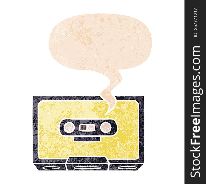 cartoon old cassette tape with speech bubble in grunge distressed retro textured style. cartoon old cassette tape with speech bubble in grunge distressed retro textured style