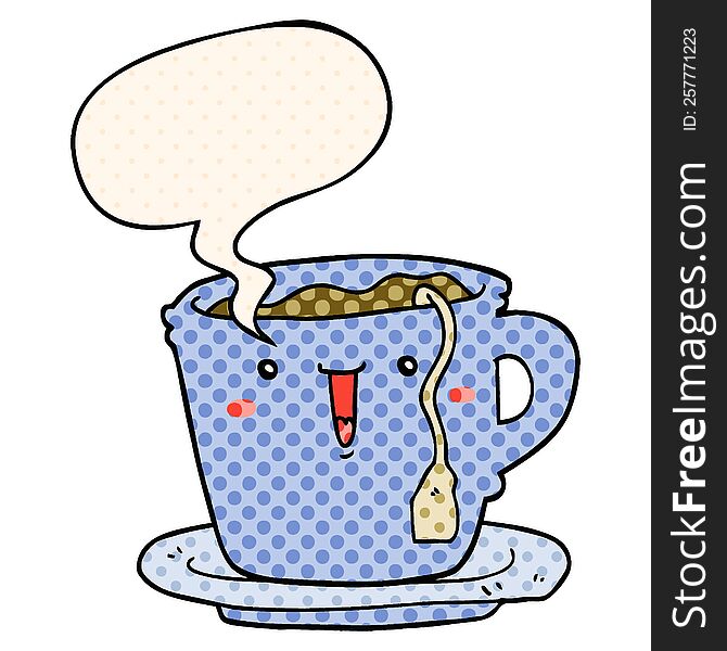 Cute Cartoon Cup And Saucer And Speech Bubble In Comic Book Style