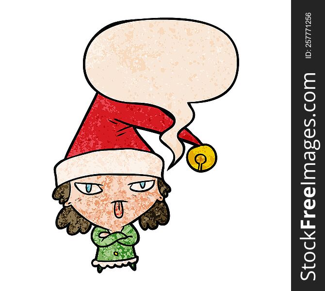 Cartoon Girl Wearing Christmas Hat And Speech Bubble In Retro Texture Style
