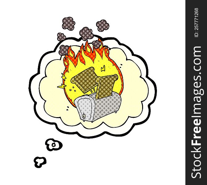freehand drawn thought bubble cartoon burning toaster