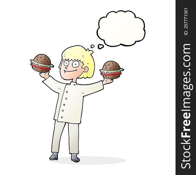 freehand drawn thought bubble cartoon chef with burgers
