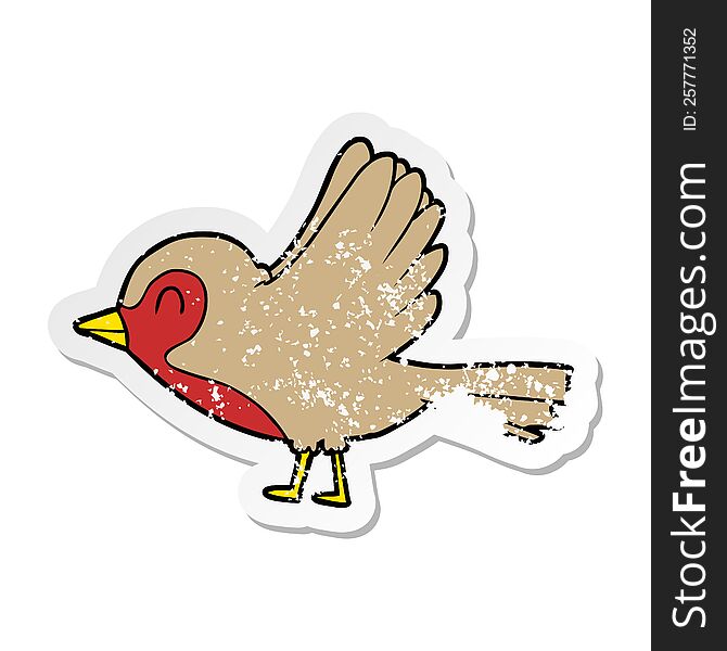 distressed sticker of a cartoon robin taking flight