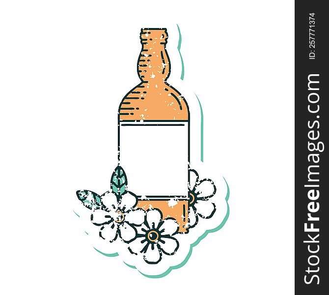 iconic distressed sticker tattoo style image of a rum bottle and flowers. iconic distressed sticker tattoo style image of a rum bottle and flowers