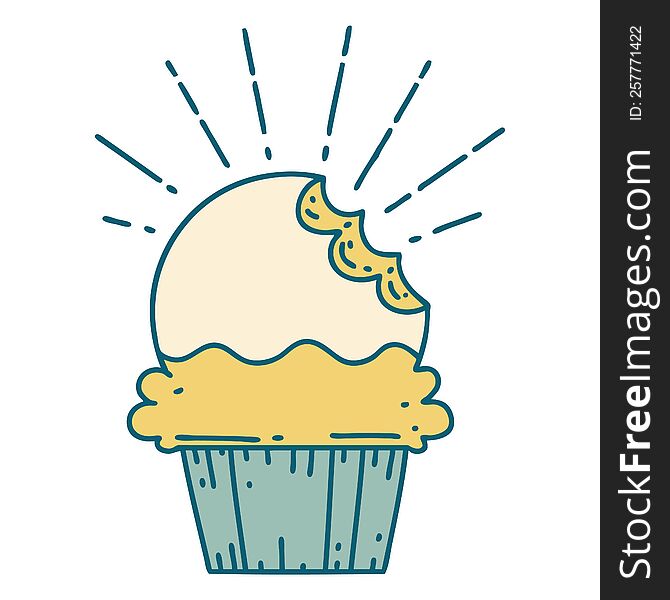 illustration of a traditional tattoo style cupcake with missing bite