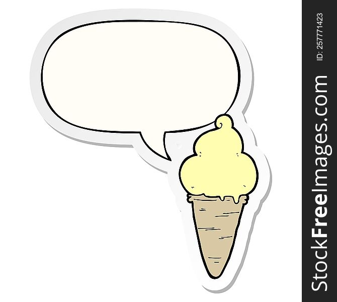 cartoon ice cream with speech bubble sticker. cartoon ice cream with speech bubble sticker