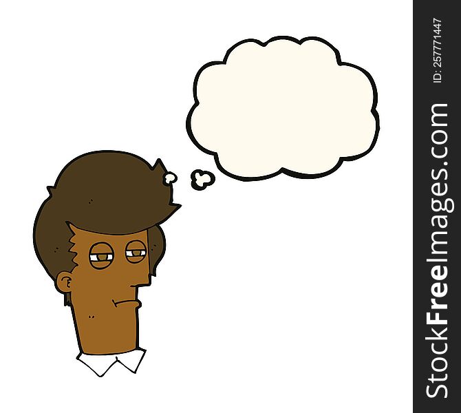 cartoon man with narrowed eyes with thought bubble