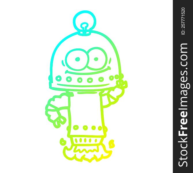 Cold Gradient Line Drawing Happy Carton Robot With Light Bulb