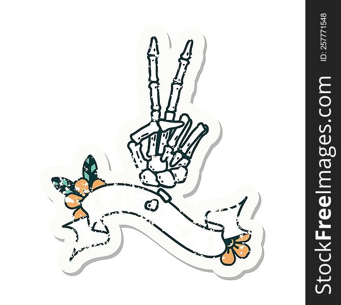 grunge sticker with banner of a skeleton hand giving a peace sign