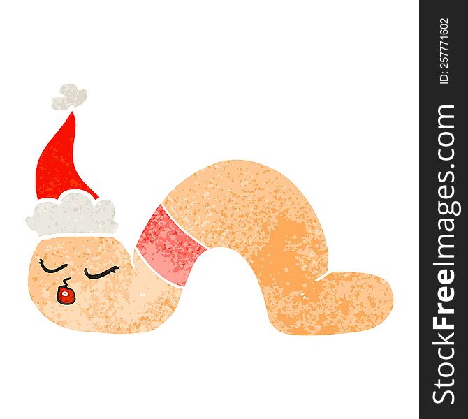 Retro Cartoon Of A Worm Wearing Santa Hat