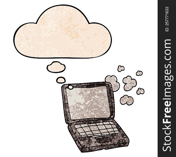 Cartoon Laptop Computer And Thought Bubble In Grunge Texture Pattern Style