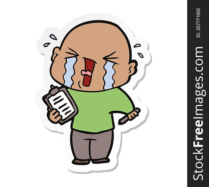 sticker of a cartoon crying man with clipboard