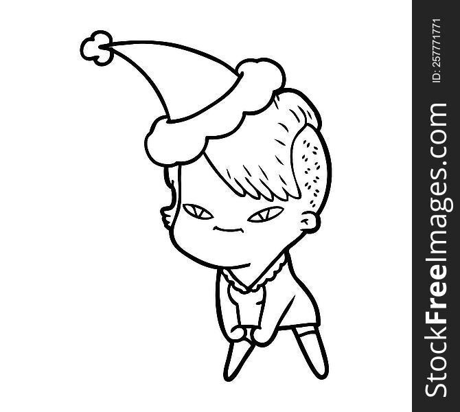 Cute Line Drawing Of A Girl With Hipster Haircut Wearing Santa Hat