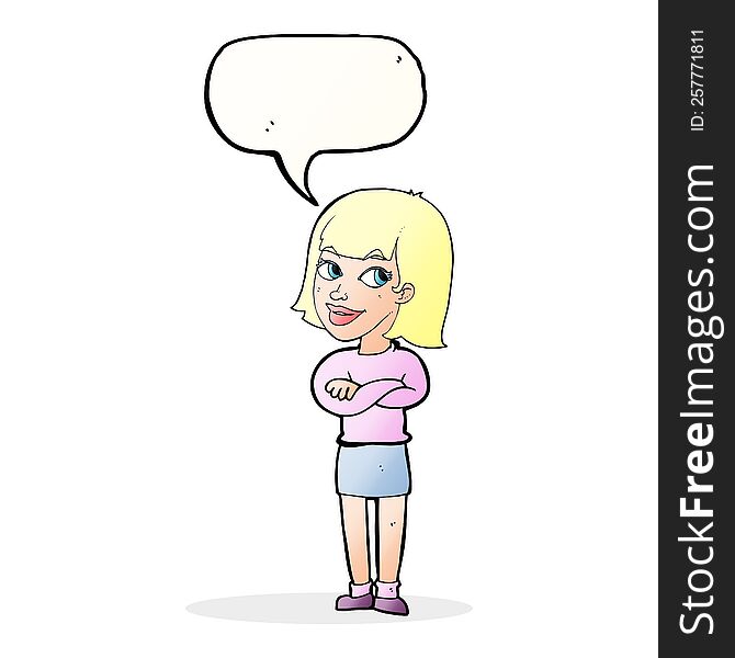cartoon happy woman looking over with speech bubble