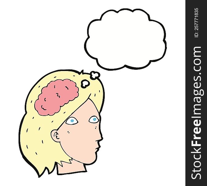 Cartoon Female Head With Brain Symbol With Thought Bubble