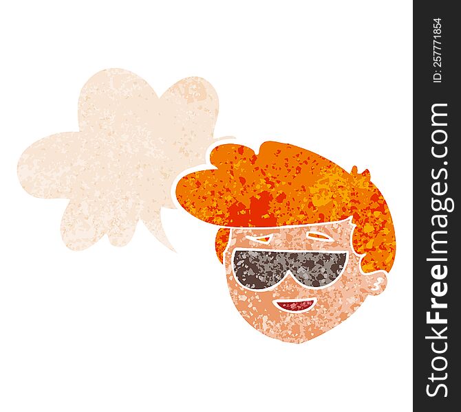 cartoon boy wearing sunglasses with speech bubble in grunge distressed retro textured style. cartoon boy wearing sunglasses with speech bubble in grunge distressed retro textured style