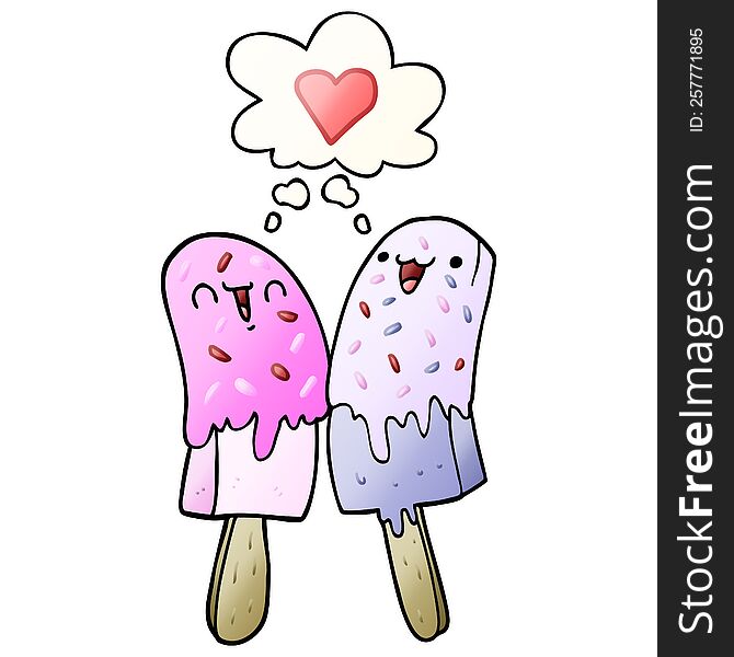 cartoon ice lolly in love with thought bubble in smooth gradient style