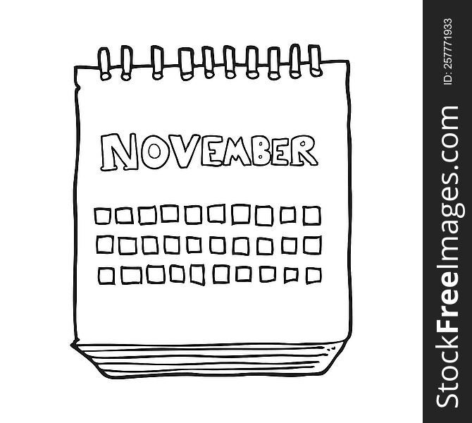 freehand drawn black and white cartoon calendar showing month of november