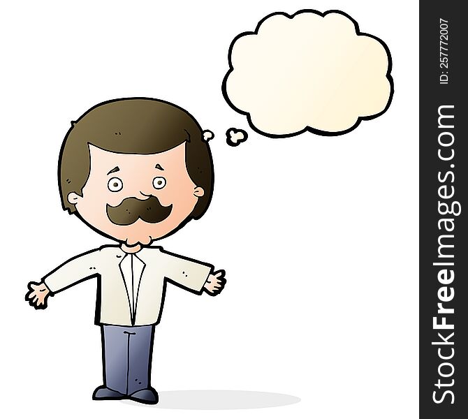 cartoon mustache man with open arms with thought bubble