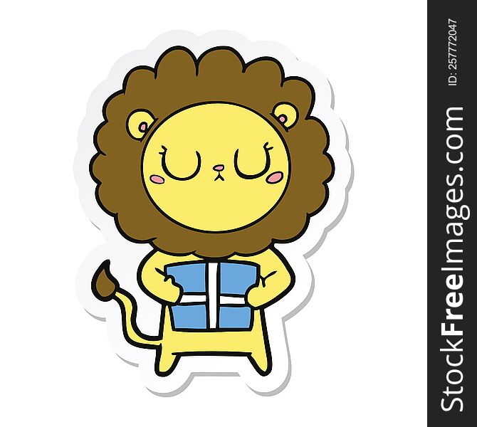 Sticker Of A Cartoon Lion With Christmas Present
