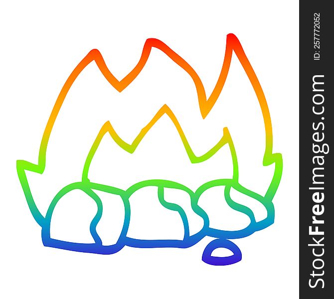 rainbow gradient line drawing of a cartoon burning coals