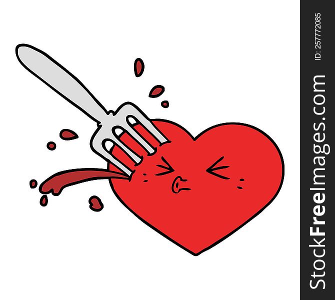 cartoon love heart stuck with fork. cartoon love heart stuck with fork