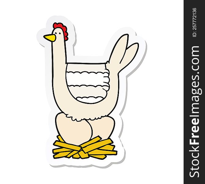 Sticker Of A Cartoon Chicken Sitting On Eggs In Nest