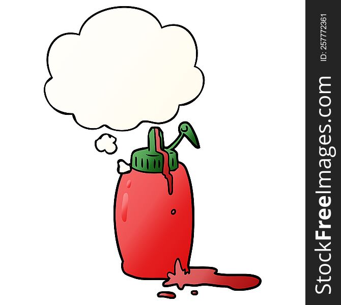 cartoon ketchup bottle with thought bubble in smooth gradient style