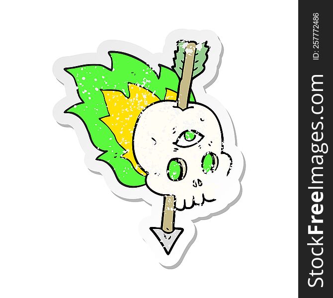 retro distressed sticker of a cartoon magic skull with arrow through brain