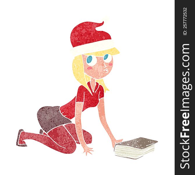 cartoon woman in christmas hat with book