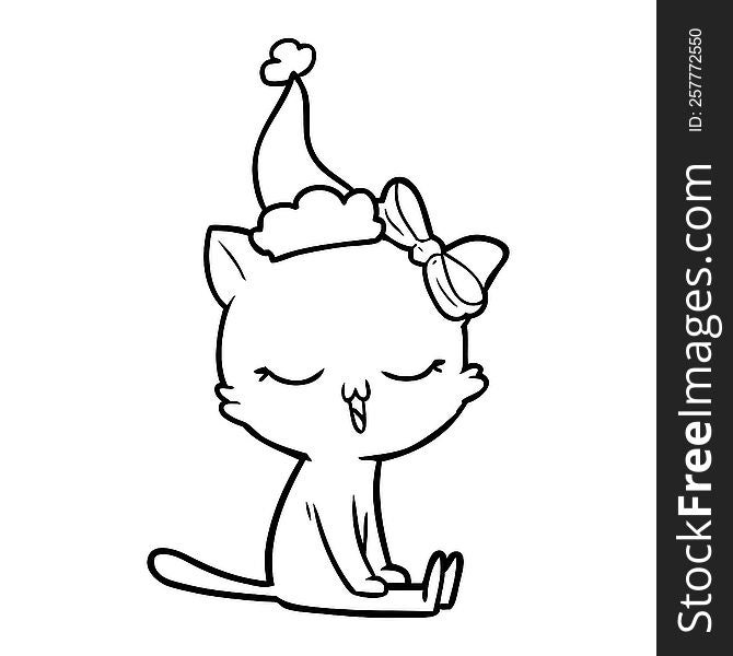 hand drawn line drawing of a cat with bow on head wearing santa hat