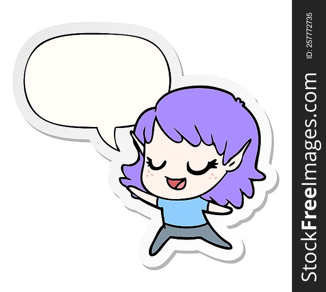 carton happy elf girl dancing and speech bubble sticker