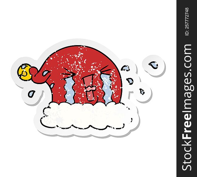 Distressed Sticker Of A Cartoon Christmas Hat Crying