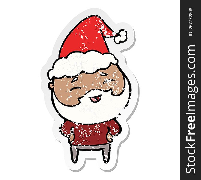 Distressed Sticker Cartoon Of A Happy Bearded Man Wearing Santa Hat