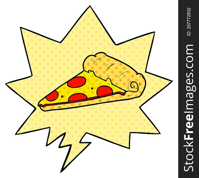 cartoon slice of pizza with speech bubble in comic book style