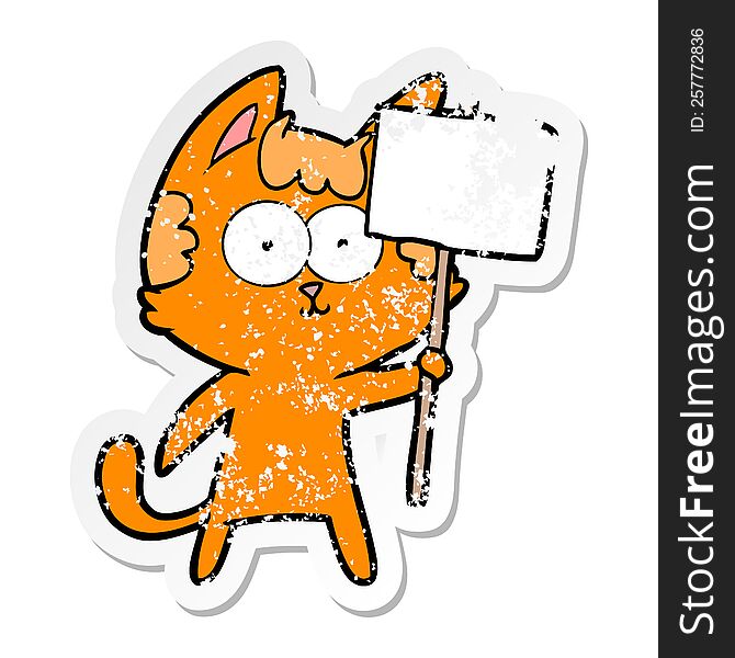 Distressed Sticker Of A Happy Cartoon Cat With Sign