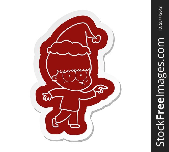nervous quirky cartoon  sticker of a boy wearing santa hat