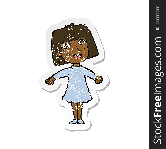 Retro Distressed Sticker Of A Cartoon Happy Woman In Dress