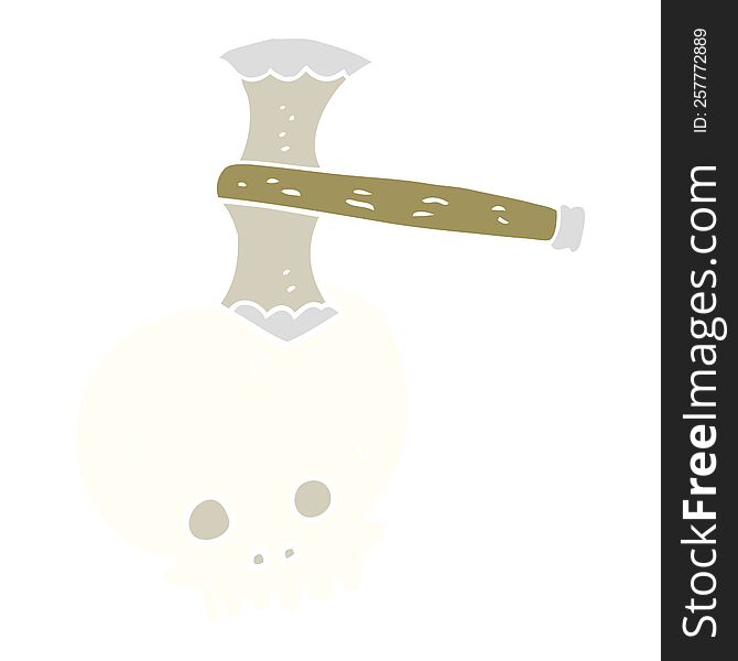 flat color illustration of axe in skull. flat color illustration of axe in skull