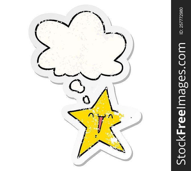 happy cartoon star and thought bubble as a distressed worn sticker