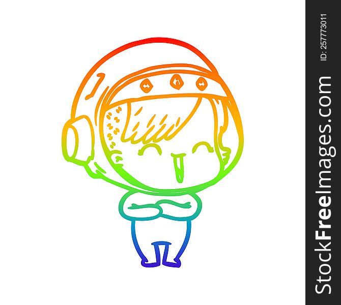 Rainbow Gradient Line Drawing Cartoon Laughing Astronaut Girl