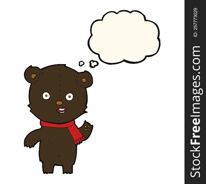 cartoon waving black bear cub with scarf with thought bubble