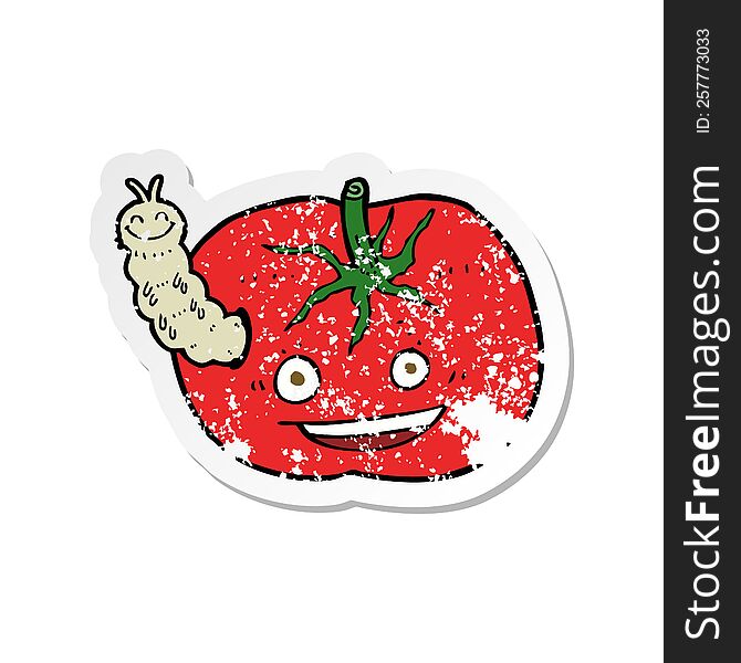retro distressed sticker of a cartoon tomato with bug