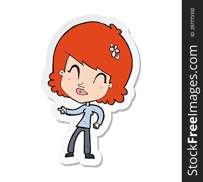 sticker of a cartoon happy woman pointing