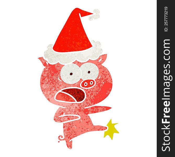 Retro Cartoon Of A Pig Shouting And Kicking Wearing Santa Hat