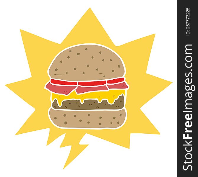 cartoon stacked burger with speech bubble in retro style