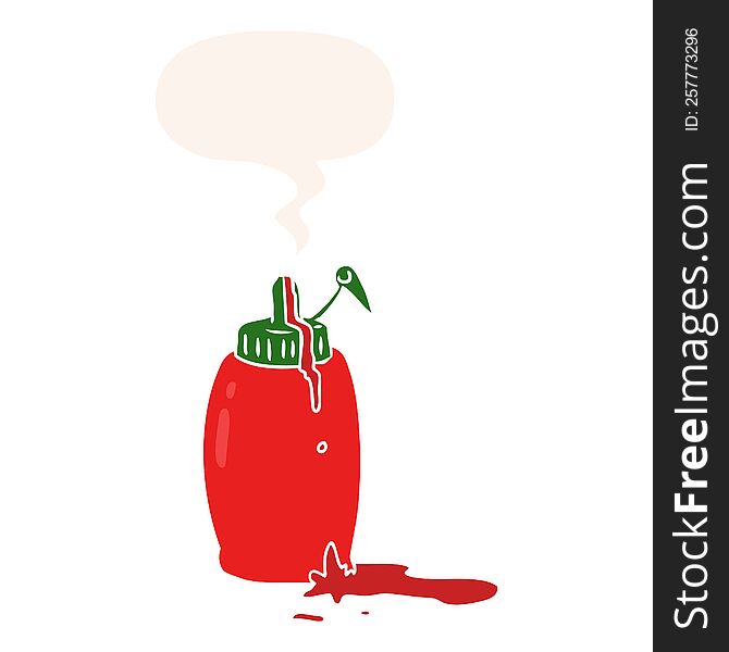 cartoon tomato ketchup bottle with speech bubble in retro style