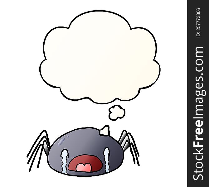 cartoon crying spider and thought bubble in smooth gradient style